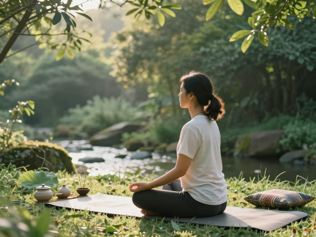 Individual practicing mantra 88 meditation in serene outdoor setting