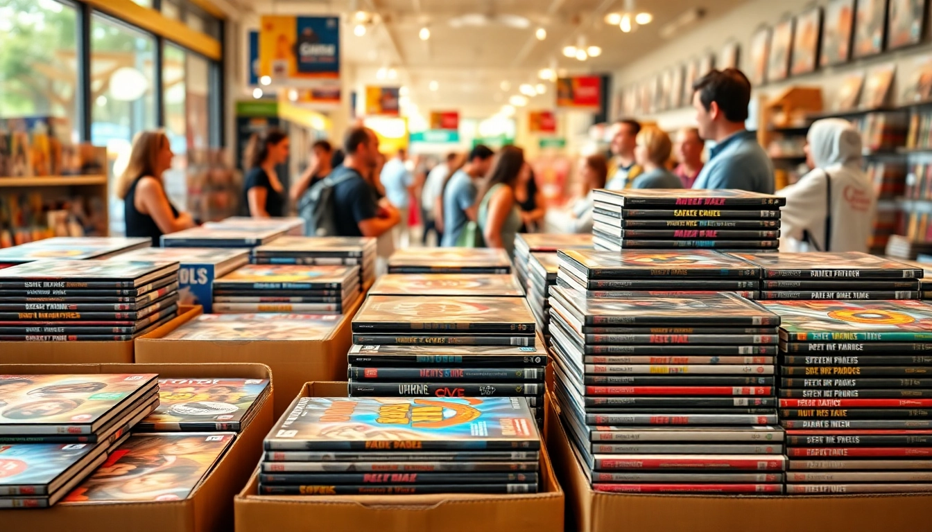 Browse a vibrant selection of bulk dvds in a cheerful marketplace setting featuring diverse covers.
