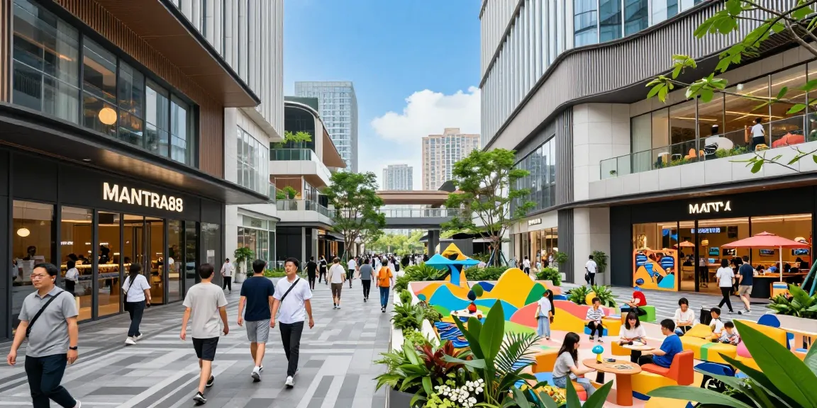 A vibrant urban scene showcasing MANTRA88 commercial properties with active shoppers and family recreation at www.mgoldproperties.com